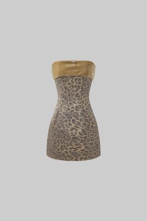 Rase le sol Gold Velvet Strapless Mini Dress in Metallic Leopard Jacquard