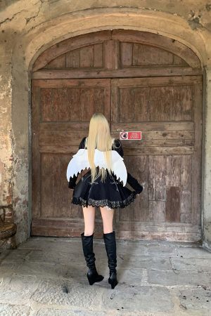 Rase le sol Gothic Dress with Cross Embroidery and Lace Hem