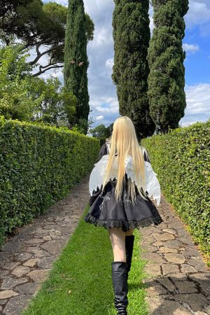 Rase le sol Gothic Dress with Cross Embroidery and Lace Hem