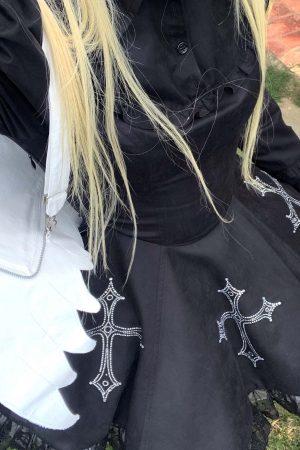 Rase le sol Gothic Dress with Cross Embroidery and Lace Hem