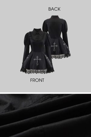 Rase le sol Gothic Dress with Cross Embroidery and Lace Hem
