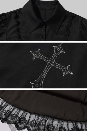 Rase le sol Gothic Dress with Cross Embroidery and Lace Hem