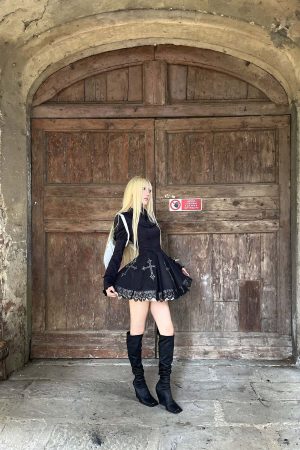 Rase le sol Gothic Dress with Cross Embroidery and Lace Hem