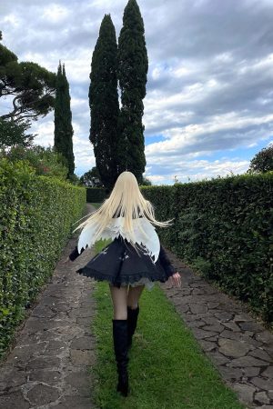 Rase le sol Gothic Dress with Cross Embroidery and Lace Hem