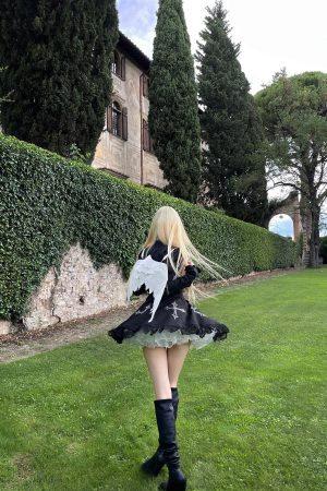 Rase le sol Gothic Dress with Cross Embroidery and Lace Hem