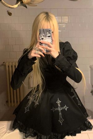 Rase le sol Gothic Dress with Cross Embroidery and Lace Hem