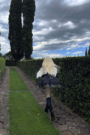 Rase le sol Gothic Dress with Cross Embroidery and Lace Hem