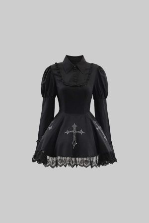 Rase le sol Gothic Dress with Cross Embroidery and Lace Hem