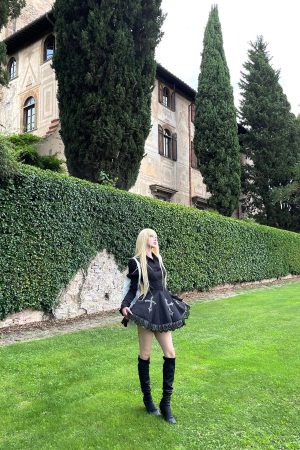 Rase le sol Gothic Dress with Cross Embroidery and Lace Hem