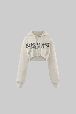 Rase le sol Gothic Embroidery Cropped Hoodie with Raw Edge Detail