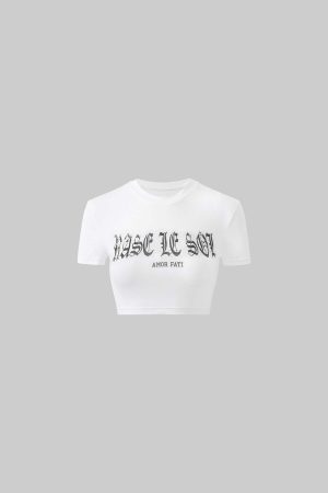 Rase le sol Gothic Print Cropped White Tee