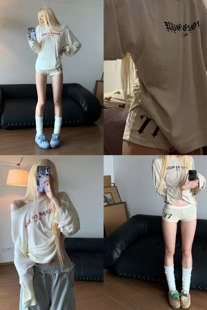 Rase le sol Gothic Print Long Sleeve and Stretch Lounge Shorts Set