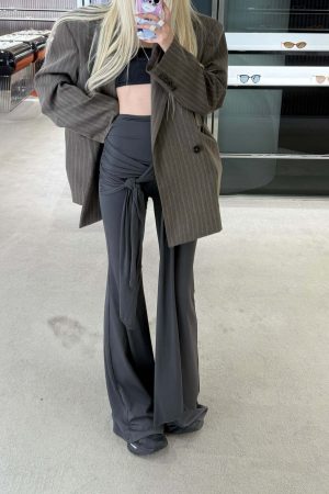Rase le sol Gray Knot Detail High-Waisted Flared Pants