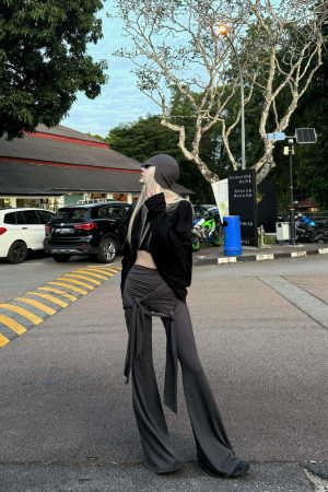 Rase le sol Gray Knot Detail High-Waisted Flared Pants