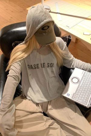 Rase le sol Grey Hooded Printed Long Sleeve T-Shirt