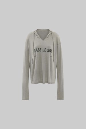 Rase le sol Grey Hooded Printed Long Sleeve T-Shirt