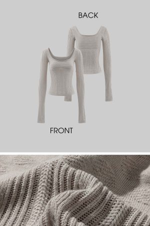 Rase le sol Grey Knit Sheer Long Sleeve Top with Minimalist Bra Layered Set