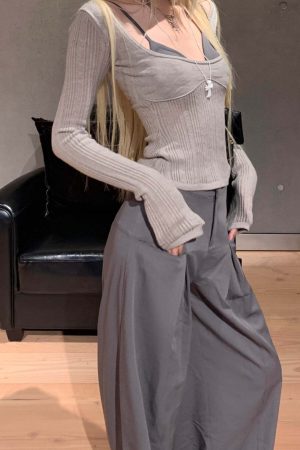 Rase le sol Grey Knit Sheer Long Sleeve Top with Minimalist Bra Layered Set