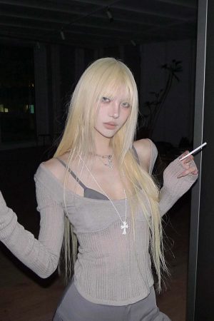 Rase le sol Grey Knit Sheer Long Sleeve Top with Minimalist Bra Layered Set