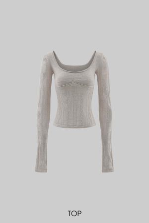 Rase le sol Grey Knit Sheer Long Sleeve Top with Minimalist Bra Layered Set