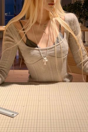 Rase le sol Grey Knit Sheer Long Sleeve Top with Minimalist Bra Layered Set