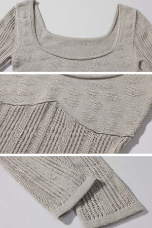 Rase le sol Grey Knit Sheer Long Sleeve Top with Minimalist Bra Layered Set