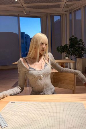 Rase le sol Grey Knit Sheer Long Sleeve Top with Minimalist Bra Layered Set