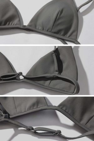 Rase le sol Grey Knit Sheer Long Sleeve Top with Minimalist Bra Layered Set