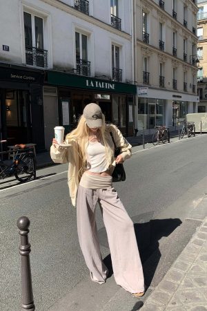 Rase le sol High Waist Contrast Panel Wide Leg Pants