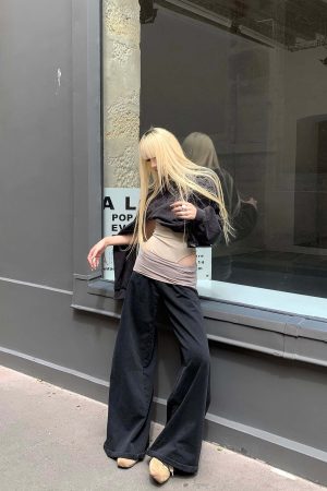 Rase le sol High Waist Contrast Panel Wide Leg Pants