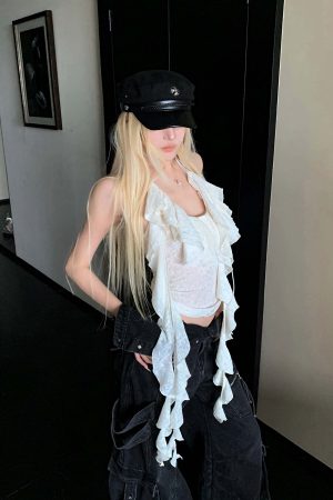 Rase le sol Irregular Ruffled Lace Halter Corset Top