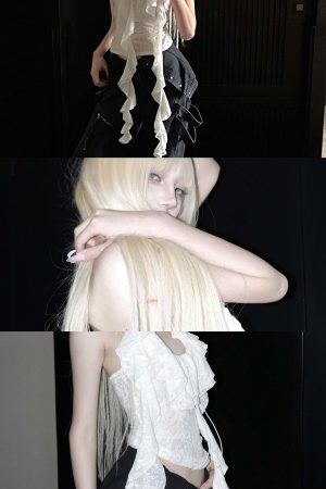 Rase le sol Irregular Ruffled Lace Halter Corset Top