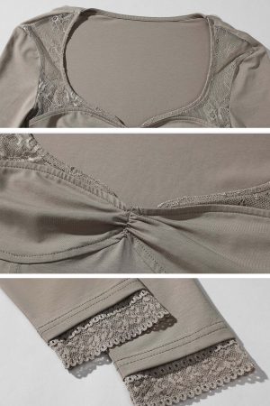 Rase Le Sol Lace Panel Fitted Long Sleeve T-Shirt