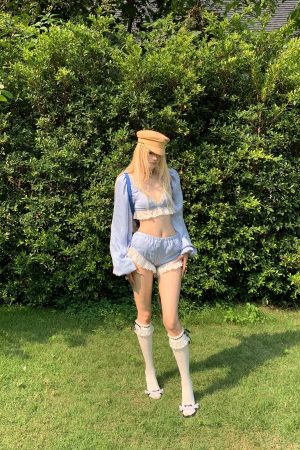 Rase le sol Lace Trim Lantern Sleeve Top & Shorts Set