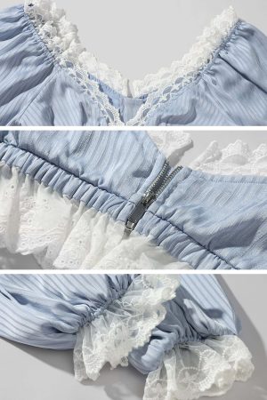 Rase le sol Lace Trim Lantern Sleeve Top & Shorts Set