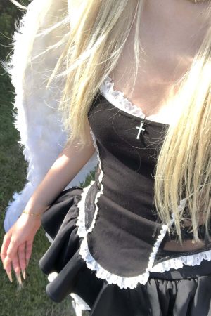 Rase le sol Lace-Trimmed Vest and Skirt Set with Cross Detail