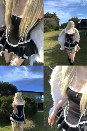 Rase le sol Lace-Trimmed Vest and Skirt Set with Cross Detail