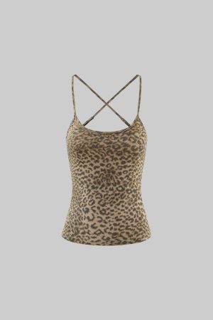 Rase le sol Leopard Print Cross-Strap Slim Cami Top