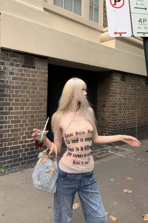 Rase le sol Lettering Mesh Tank Top & Bandeau Innerwear Set