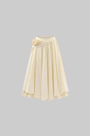 Rase le sol Mid-Length Skirt with 3D Rose Detail and Asymmetric Gathered Hem