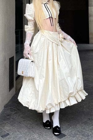 Rase le sol Mid-Length Skirt with 3D Rose Detail and Asymmetric Gathered Hem