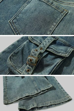 Rase le sol Multi-Pocket Distressed Flared Jeans
