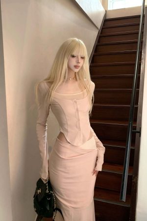 Rase le sol Pink Long-Sleeve Top & Mermaid Skirt Set