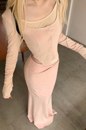 Rase le sol Pink Long-Sleeve Top & Mermaid Skirt Set