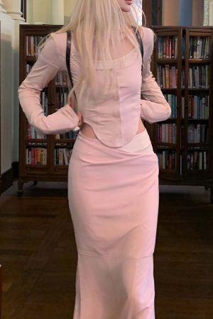 Rase le sol Pink Long-Sleeve Top & Mermaid Skirt Set