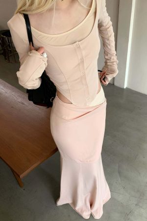 Rase le sol Pink Long-Sleeve Top & Mermaid Skirt Set