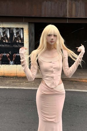 Rase le sol Pink Long-Sleeve Top & Mermaid Skirt Set