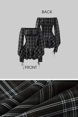 Rase le sol Plaid Corset Dress with Puff Sleeves and Cinched Waist
