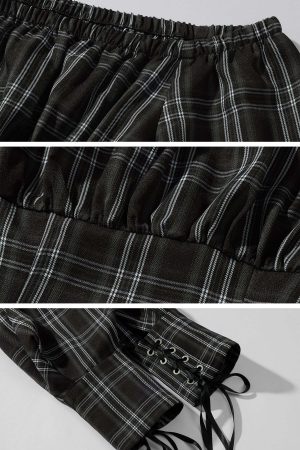 Rase le sol Plaid Corset Dress with Puff Sleeves and Cinched Waist