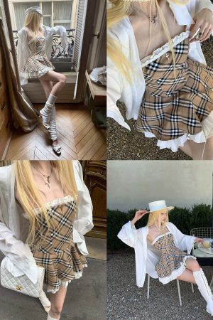 Rase le sol Plaid Flared Dress with Layered Lace Hem